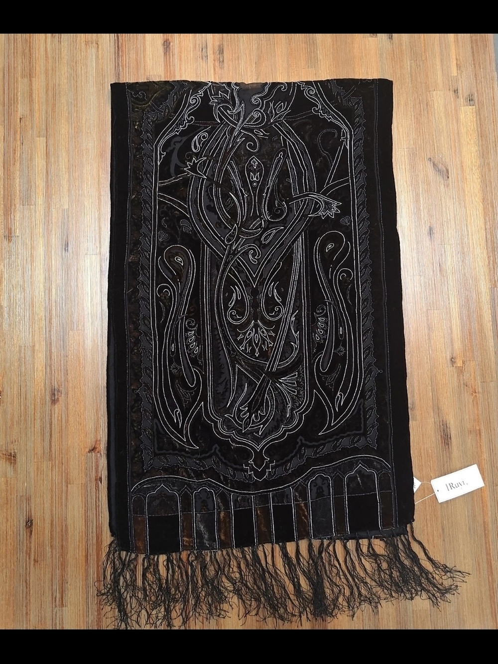 NWT Black Patterned Velvet Fringe Scarf Shawl